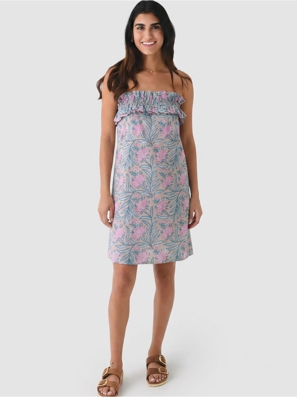 Stark X Strapless Floral Block Print Cotton Ruffle Mini Dress Medium Boho Resort